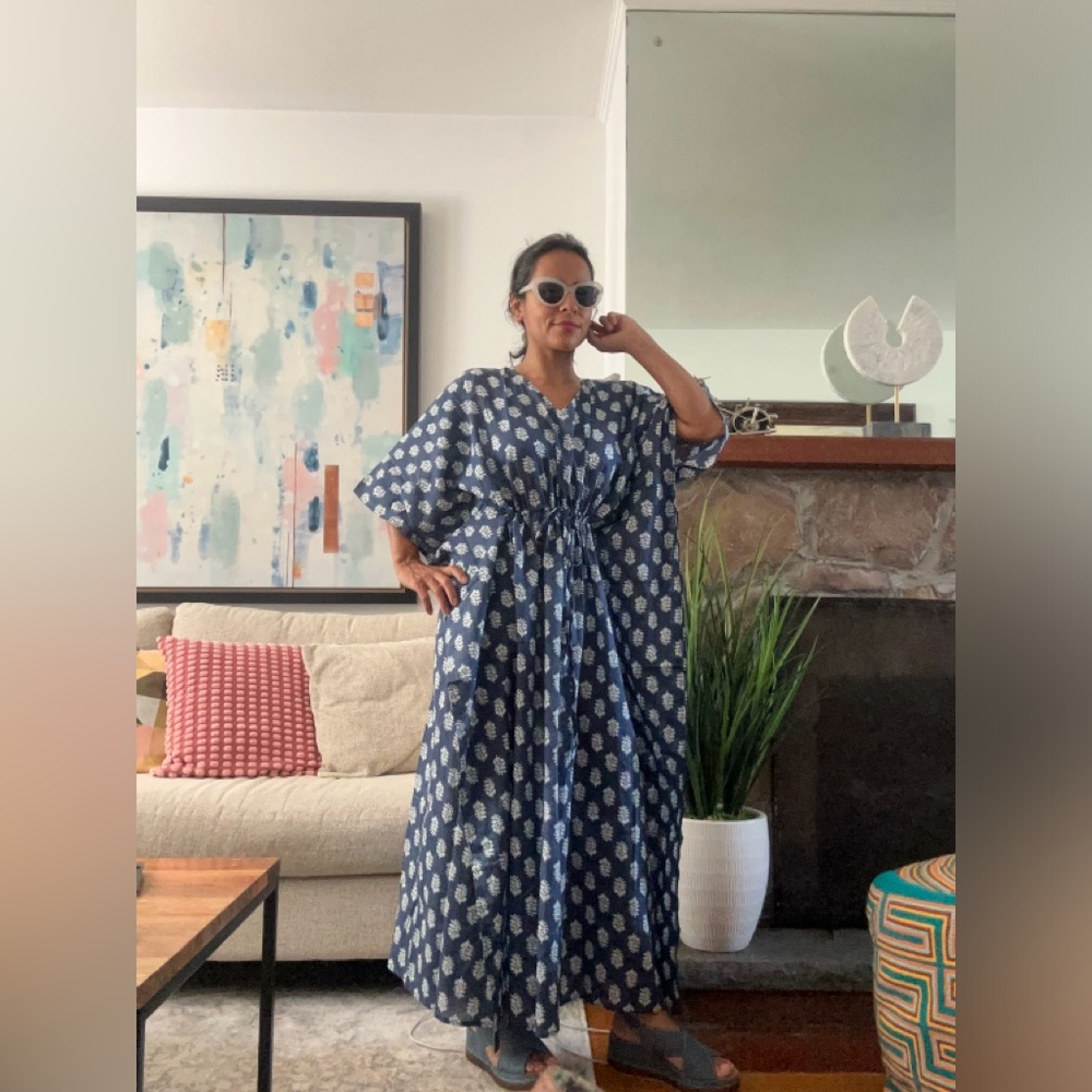 Floral hand Block Printed Long Kaftan Dress Blue Printed Kaftan